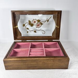 Vintage Stained Glass Top Wooden Jewelry Box With Pink Flowers. 2 Compartments